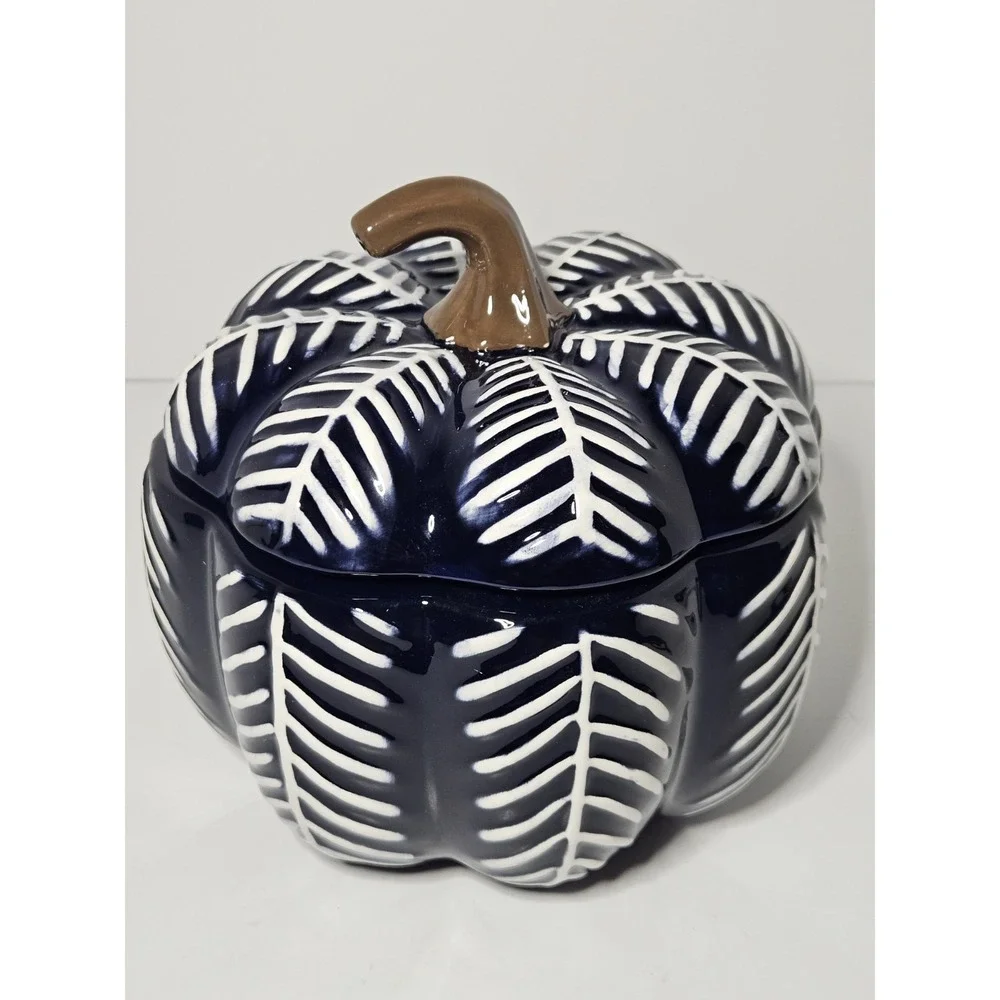 Blue White Ceramic Pumpkin Lidded Candy Dish Jar Thanksgiving Fall Decor 7in